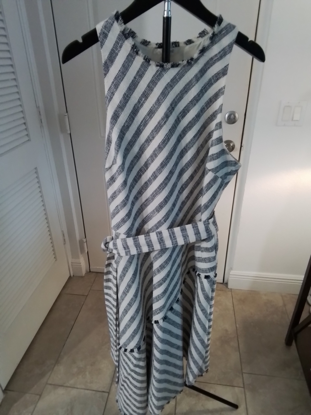 Banana Republic White and Gray Asymmetrical Striped Midi Dress